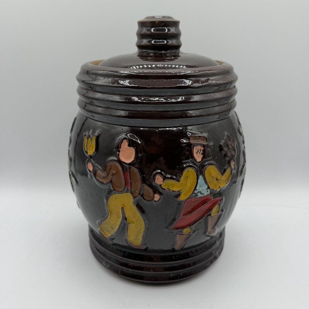 Vintage Red Wing Pottery Dutch Couple Folk Dancers Cookie Jar Brown‎ Glazed 10"